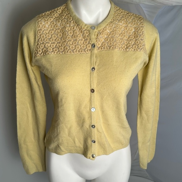 Free People yellow boho wool acrylic blend daisy button cardigan M - Picture 2 of 11